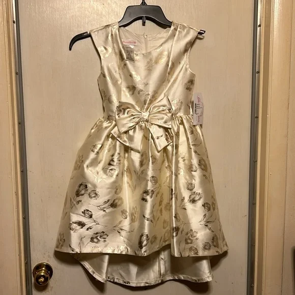 NWT Bonnie Jean Girls Ivory Party Dress w/ Gold Foiled Floral Print.